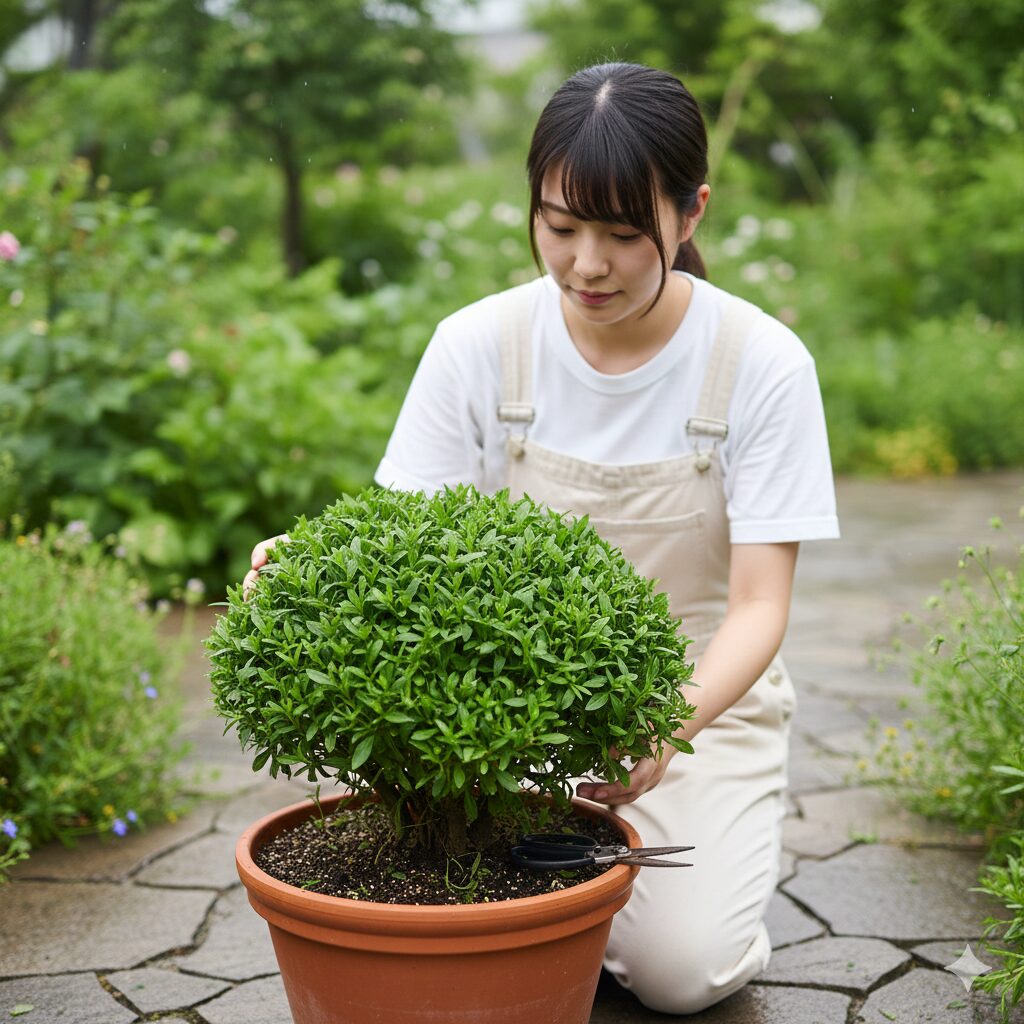 アズーロコンパクト 花言葉　梅雨対策として切り戻しを行い風通しを良くしたアズーロコンパクトの株