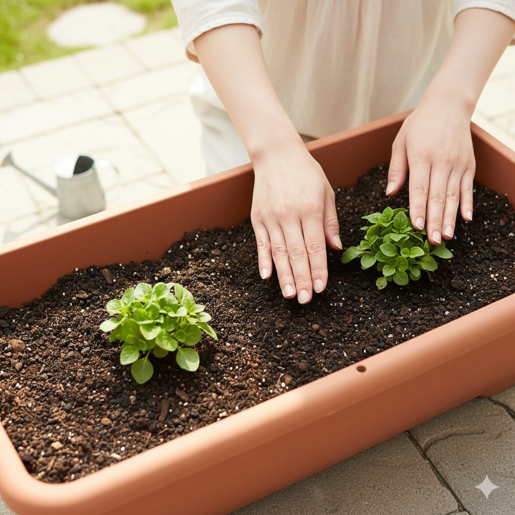 アズーロコンパクト 花言葉8　十分な株間を空けてプランターに植え付けられたアズーロコンパクトの苗