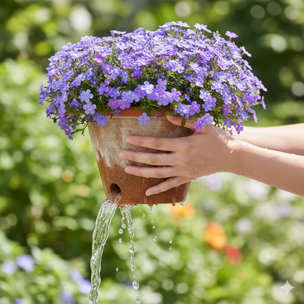 アズーロコンパクト 花言葉9　鉢底から水が流れ出るまでたっぷりと水やりをしているアズーロコンパクトの鉢