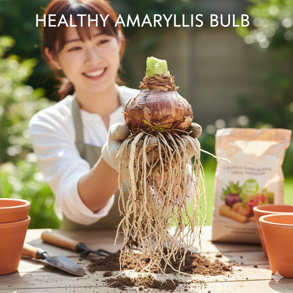 アマリリス 植え替え 根を切る　植え替え時に確認すべき健康で太いアマリリスの白い根の状態