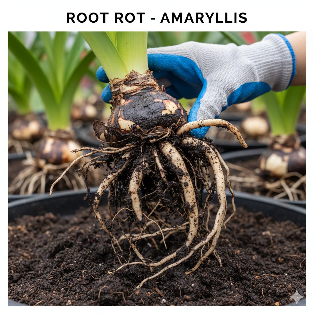 アマリリス 植え替え 根を切る　根腐れを起こして黒く変色し軟化した危険なアマリリスの根