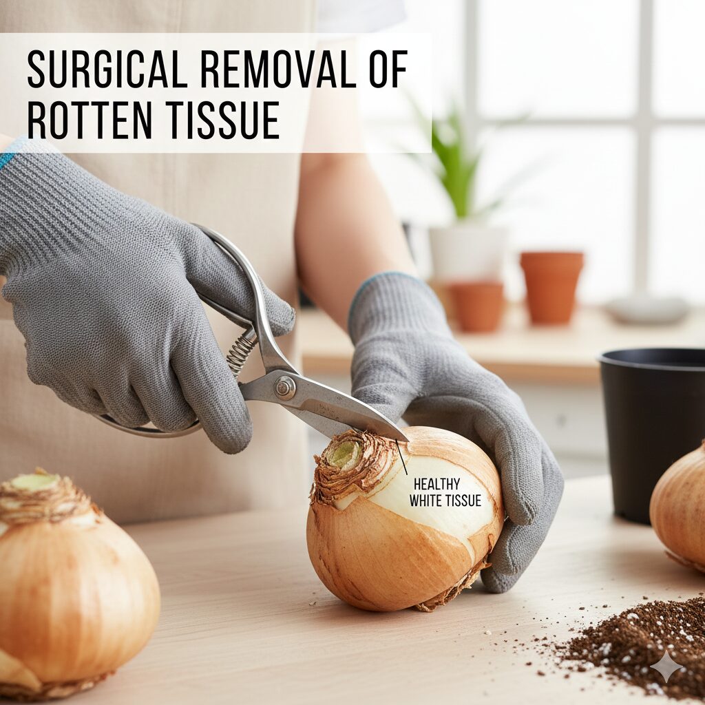 アマリリス 植え替え 根を切る　根腐れした部分をナイフで切除し健康な組織を出す外科的処置の手順