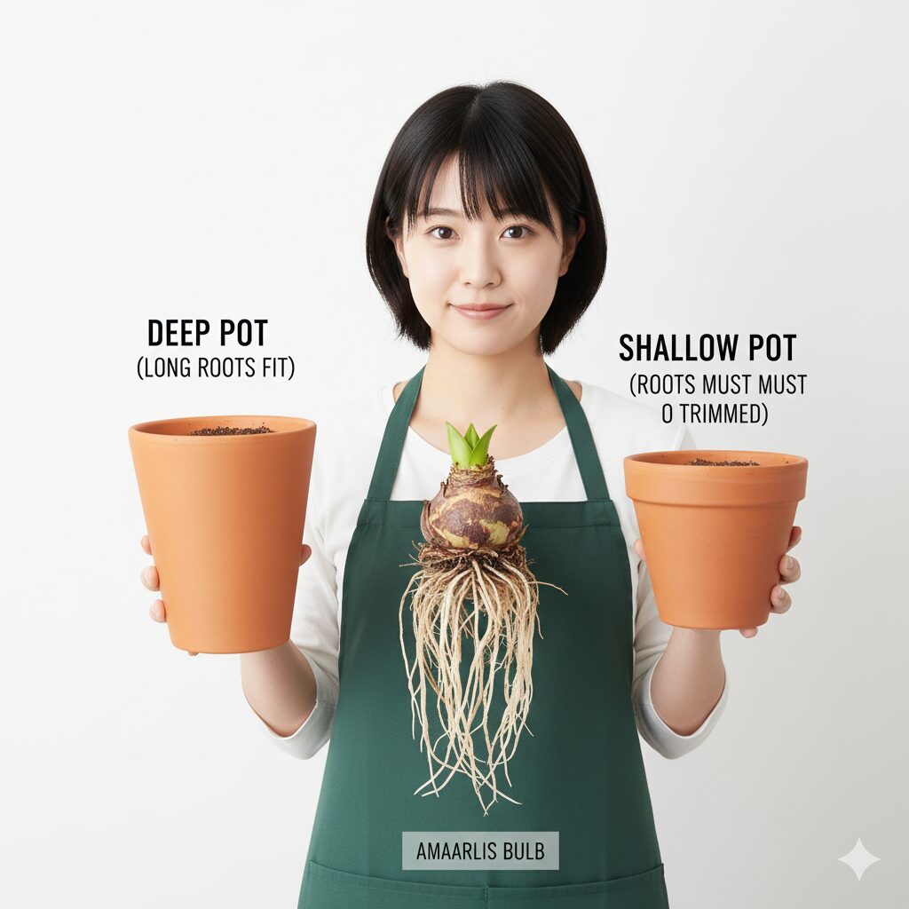アマリリス 植え替え 根を切る　長い根を切らずに育てるための深鉢（ロングポット）と一般的な鉢の比較