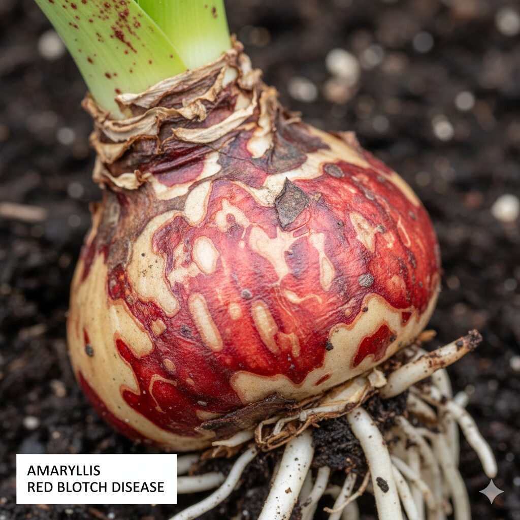 アマリリス 植え替え 根を切る　アマリリスの球根や根に発生した赤斑病特有の赤い斑点の症状