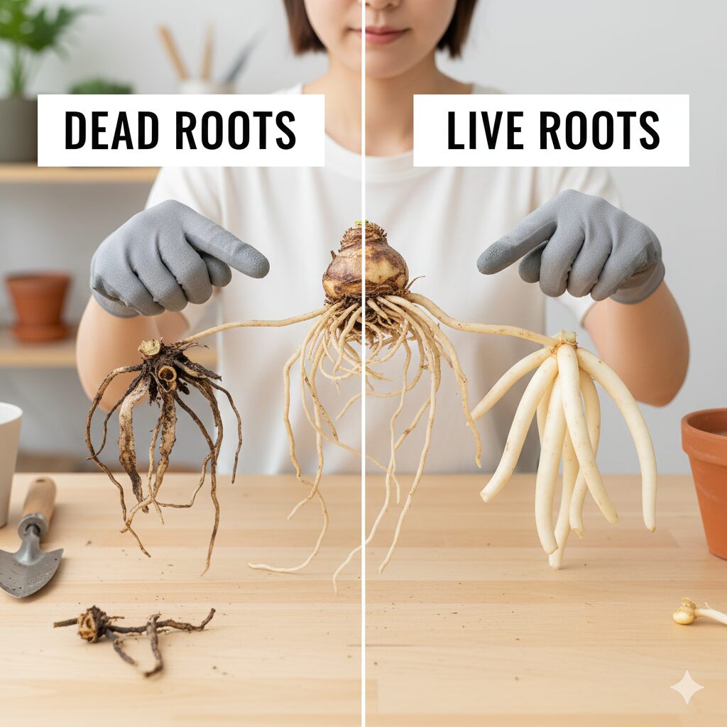 アマリリス 植え替え 根を切る　冬越し後に枯れて中空になった根と生きている根の見分け方比較