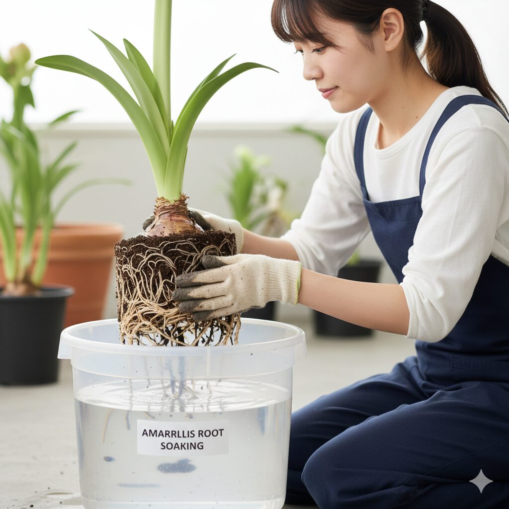 アマリリス 植え替え 根を切る　バケツの水の中で根を傷つけずに優しくほぐす根洗い作業の様子