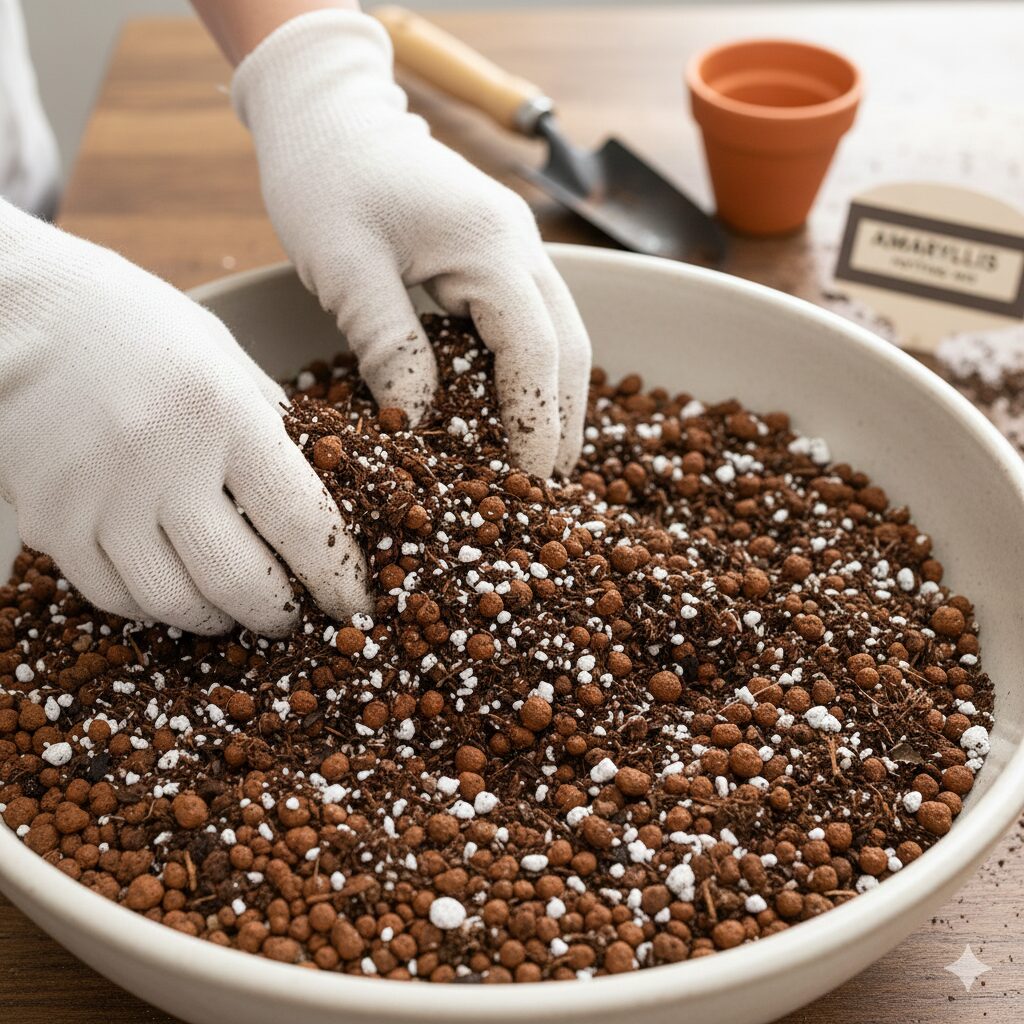 アマリリス 植え替え 根を切る　根腐れを防ぎ通気性を高める赤玉土と軽石を配合した用土