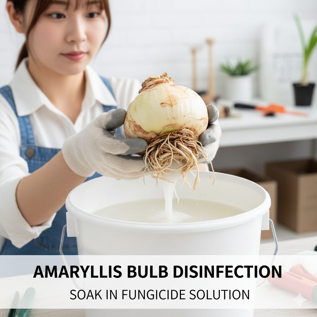 アマリリス 植え替え 根を切る　根を切った後のアマリリス球根を殺菌剤の希釈液に浸けて消毒する手順