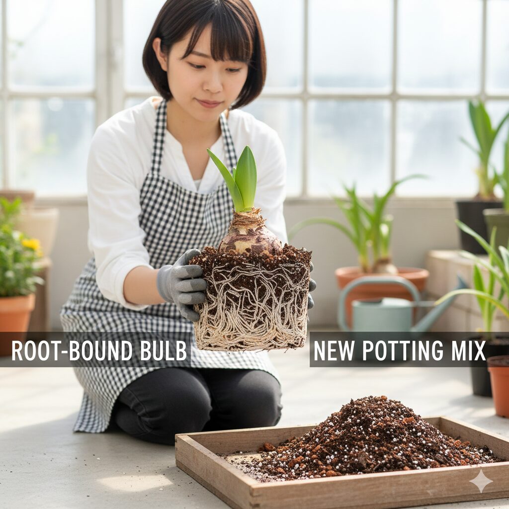 アマリリス 花が終わったら　アマリリスの植え替え 根詰まりの様子と新しい土