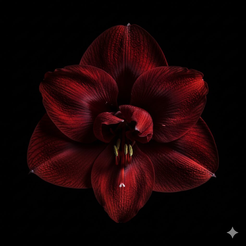 アマリリス 花言葉 怖い　暗闇に浮かび上がる深紅のアマリリスの花。美しいがどこか怖い花言葉を連想させる神秘的なクローズアップ写真。