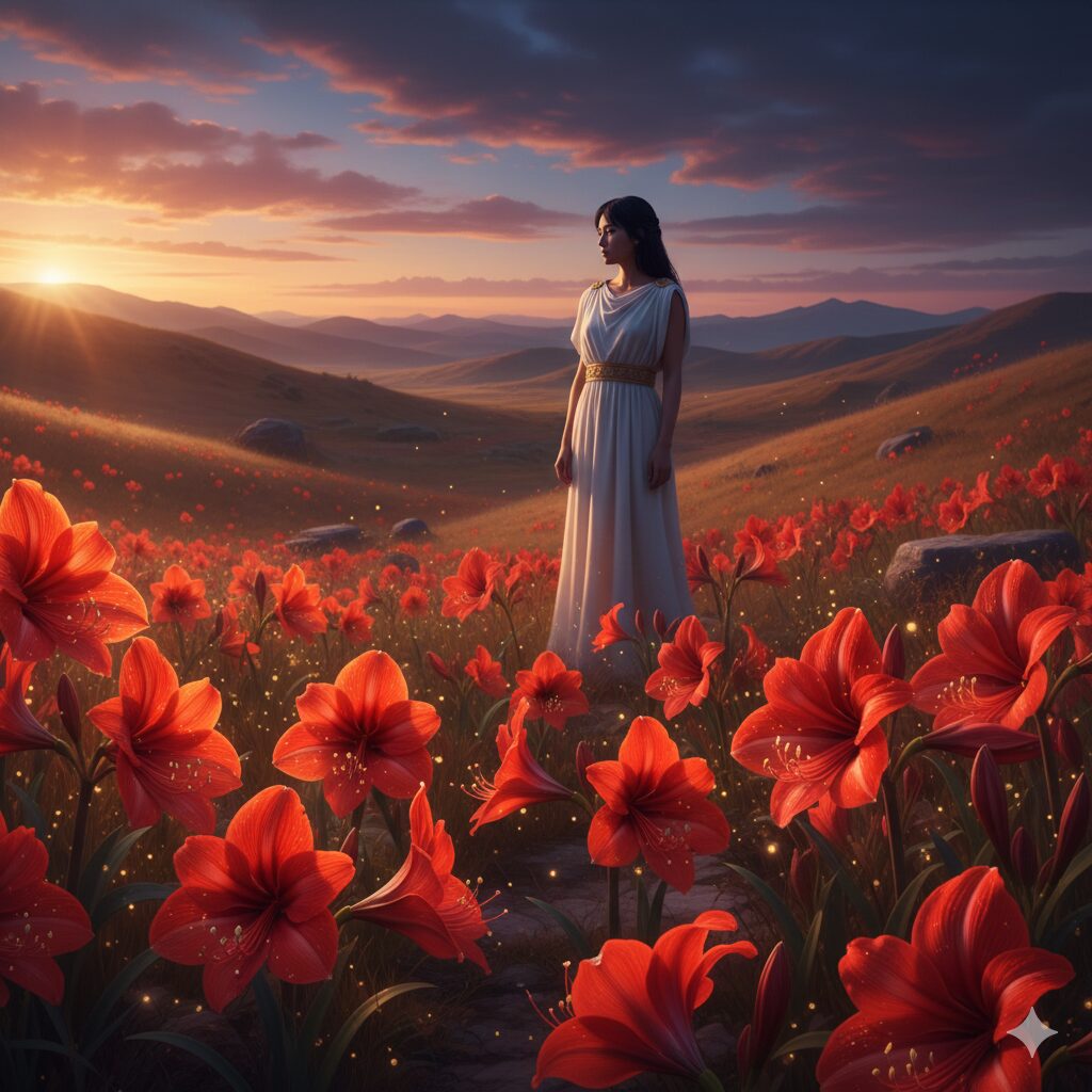 アマリリス 花言葉 怖い　アマリリスの怖い花言葉の由来となったギリシャ神話のイメージ。少女の血から赤い花が咲いたとされる伝説的な光景。