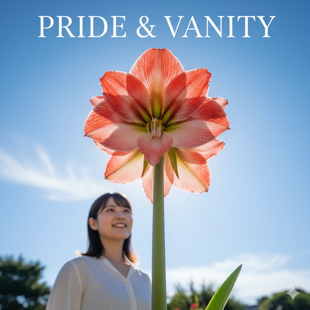 アマリリス 花言葉 怖い　高い茎の頂点から見下ろすように咲く大輪のアマリリス。花言葉「虚栄心」の由来となった堂々とした姿。