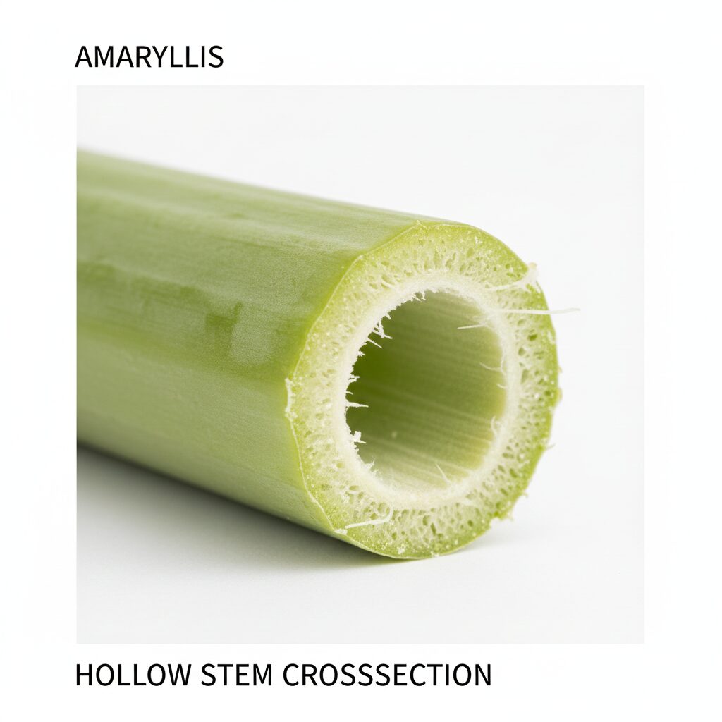 アマリリス 花言葉 怖い　アマリリスの茎の断面写真。中が空洞になっている様子を示し、花言葉「臆病」「内気」の植物学的な理由を解説。