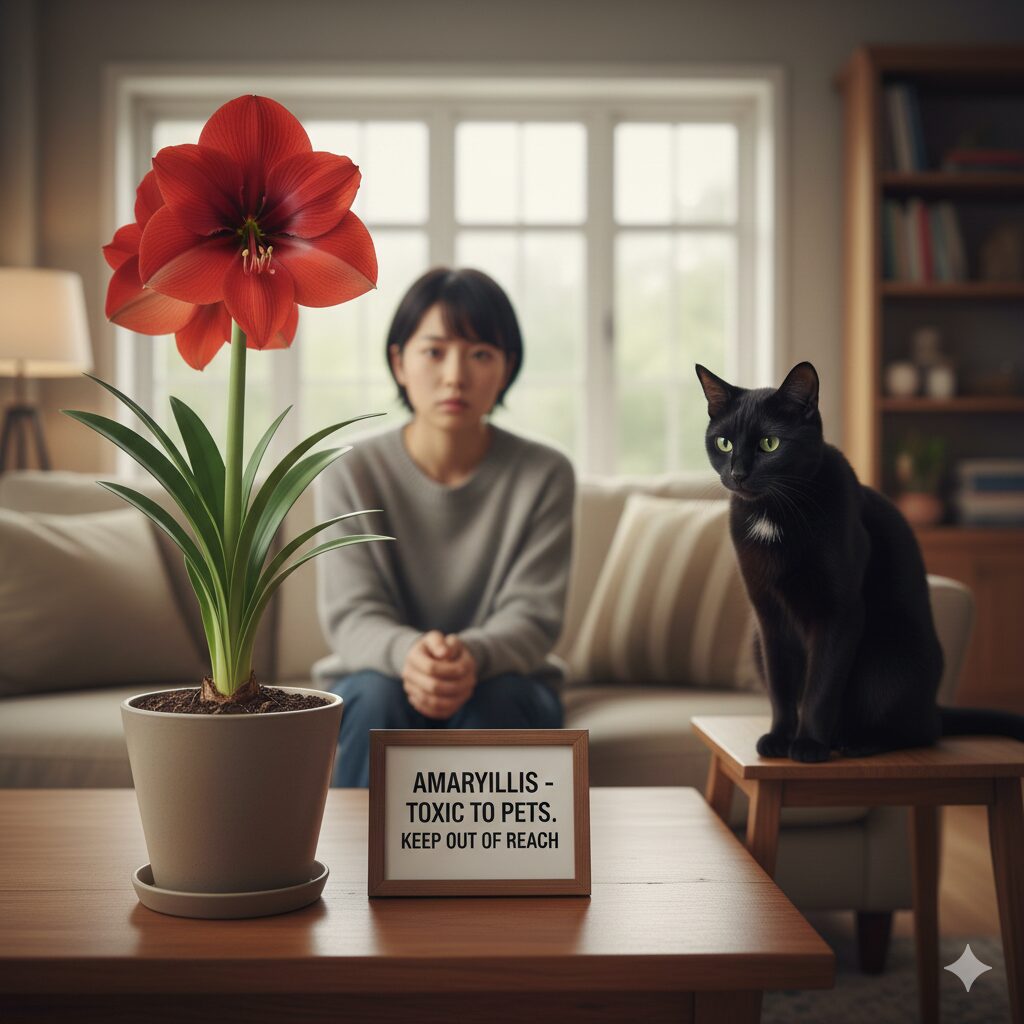 アマリリス 花言葉 怖い　室内にあるアマリリスと、それを見つめる猫。毒性成分リコリンによる誤食事故を防ぐための距離感を表現。