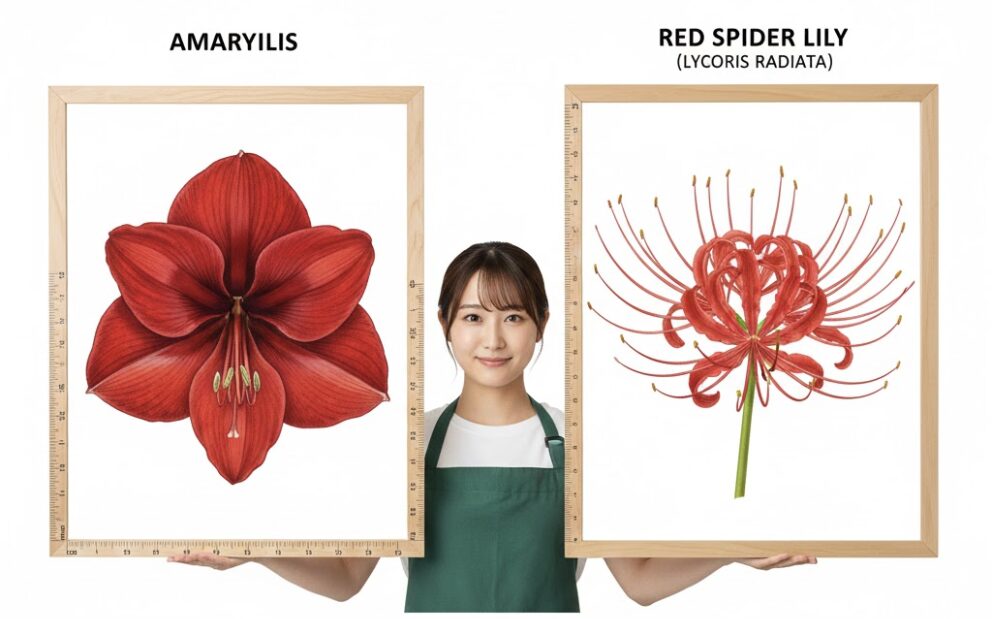 アマリリス 花言葉 怖い　アマリリス（左）と彼岸花（右）の比較写真。似ていると言われるが花弁の形状が大きく異なることを示し、不吉なイメージの誤解を解く。