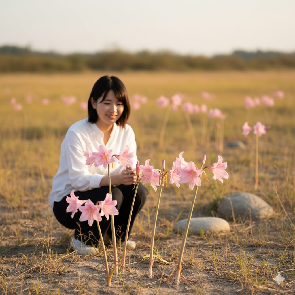 アマリリス 花言葉 怖い　本来のアマリリス属であるベラドンナリリー（ホンアマリリス）の写真。ヒッペアストルムとは異なり、ピンク色の花を咲かせる原種の姿。