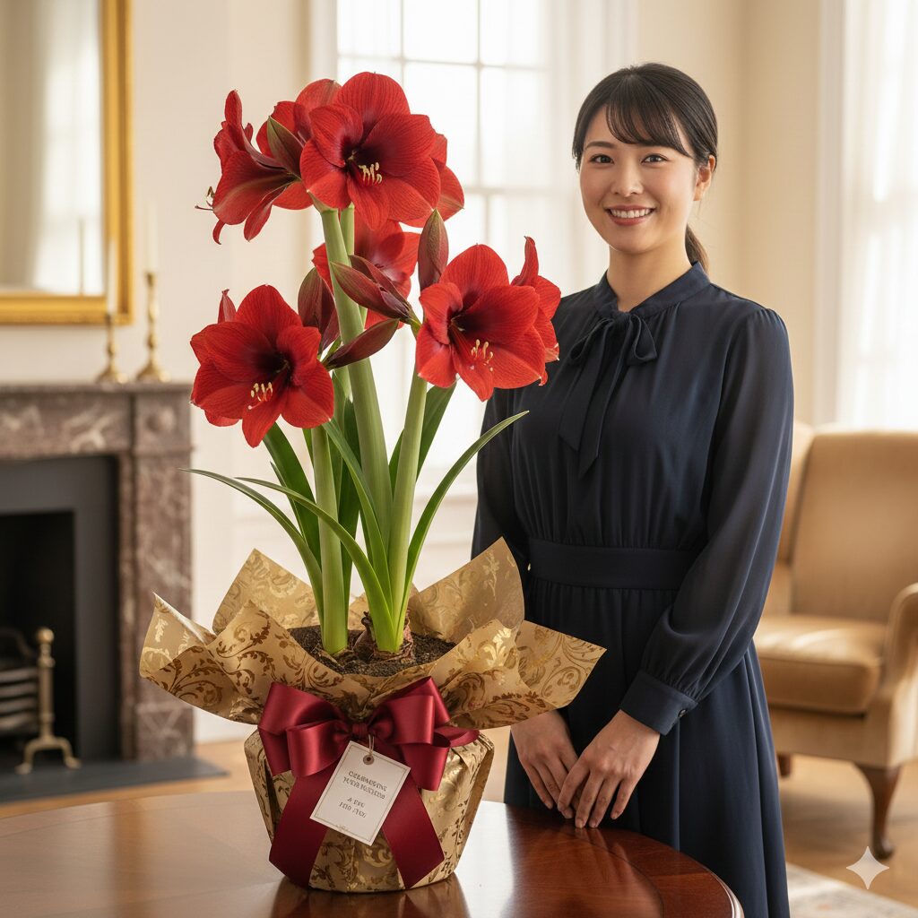 アマリリス 花言葉 怖い　ギフト用に美しくラッピングされた赤いアマリリスの鉢植え。花言葉「輝くばかりの美しさ」を象徴する、お祝いに最適なプレゼントのイメージ。