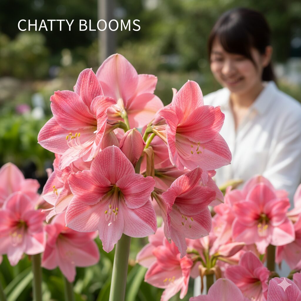 アマリリス 花言葉 怖い　寄り添うように咲くピンク色のアマリリス。花たちが会話しているように見える様子から「おしゃべり」という花言葉が生まれたことを表現。