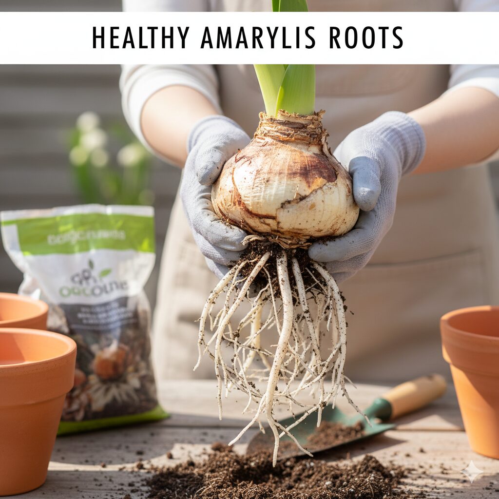 アマリリス 葉が枯れない　春の植え替え時に確認すべきアマリリスの健康な白くて太い根の様子