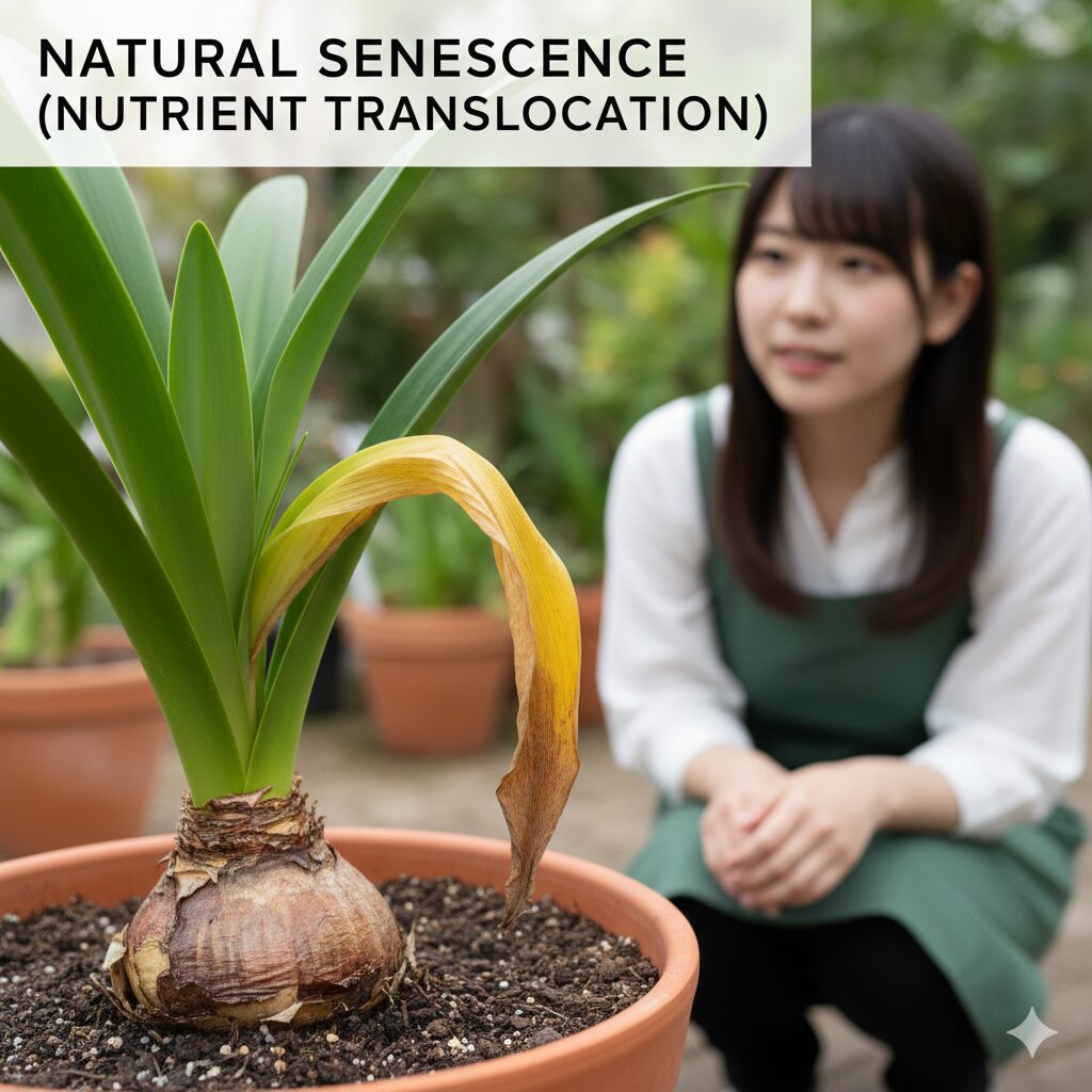 アマリリス 葉が枯れない　アマリリスの葉が自然に黄色く変色し球根へ栄養転流している様子