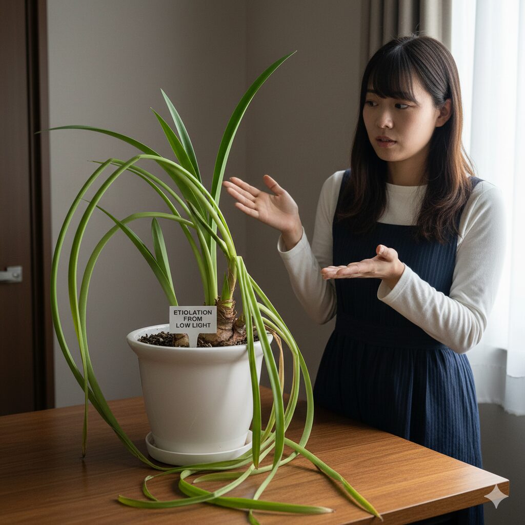 アマリリス 葉が枯れない　日照不足と室温の高さが原因で徒長し垂れ下がったアマリリスの葉