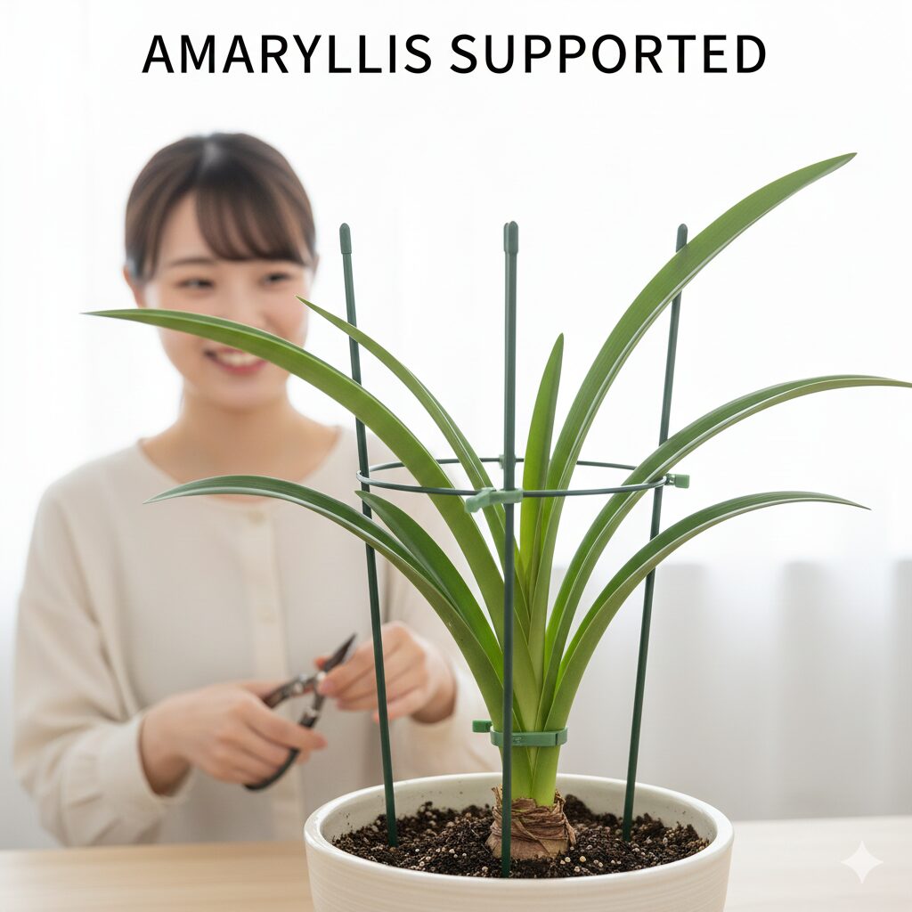 アマリリス 葉が枯れない　垂れるアマリリスの葉をリング支柱と麻紐でまとめて立たせる対策