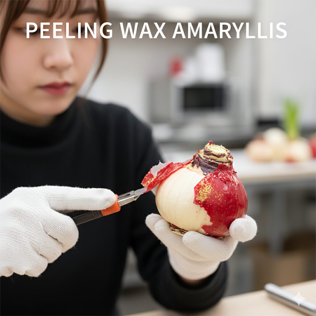 アマリリス 葉が枯れない　人の手がマジックアマリリス（ワックス球根）を持っているクローズアップ。カッターや手を使って、球根を覆っている赤いワックスや装飾コーティングを慎重に剥がしている作業風景。中から白い球根肌が見えている。