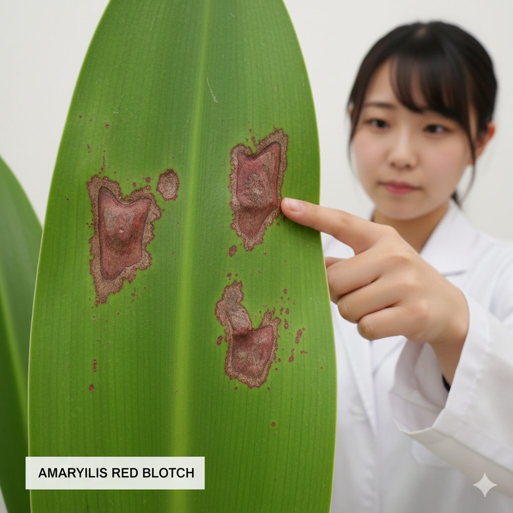 アマリリス 葉が枯れない　アマリリスの葉や茎に発生する赤斑病（Stagonospora curtisii）の赤い斑点症状