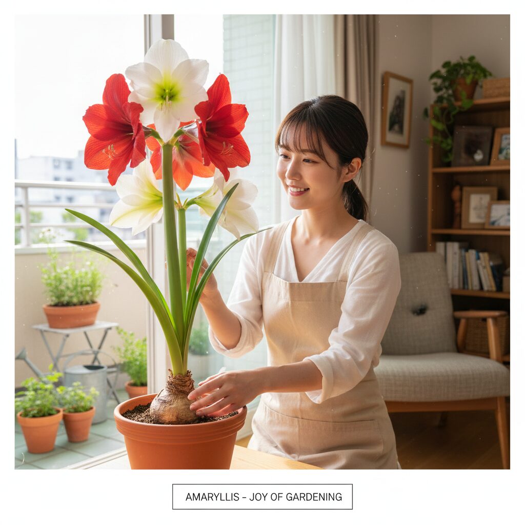アマリリスの育て方 鉢植え　鉢植えで美しく大輪の花を咲かせたアマリリスと室内のインテリア