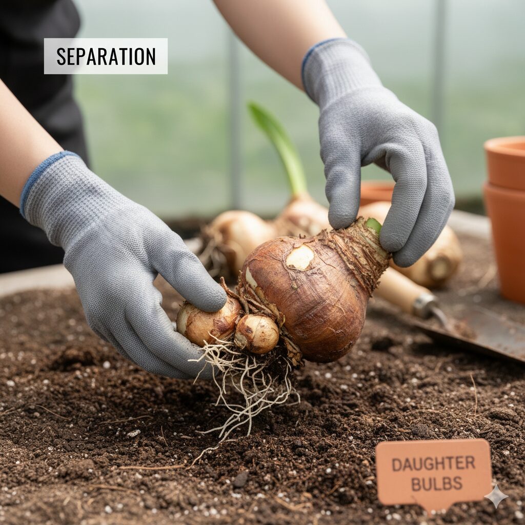 アマリリスの育て方 鉢植え　親球根から発生したアマリリスの子球と分球による増やし方の様子