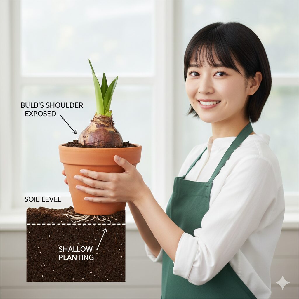 アマリリスの育て方 鉢植え　球根の腐敗を防ぐために上部を露出させたアマリリスの浅植えの正しい深さ