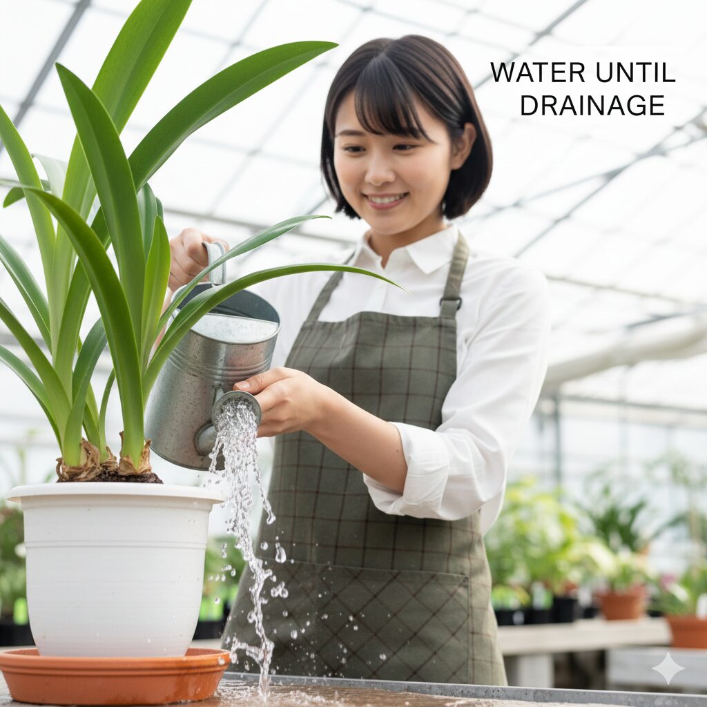 アマリリスの育て方 鉢植え　生育期のアマリリスに鉢底から出るまでたっぷりと水やりをしている様子