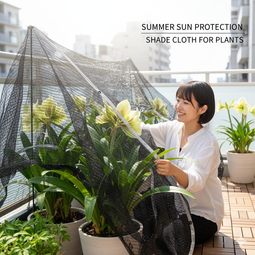 アマリリスの育て方 鉢植え　夏の直射日光による葉焼けを防ぐために遮光ネットで管理されるアマリリス