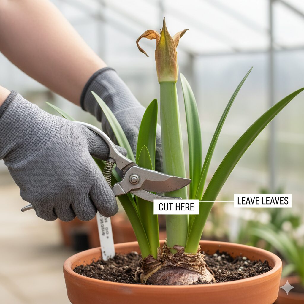 アマリリスの育て方 鉢植え　アマリリスの花後の管理 花茎を根元で切り取り葉を残す正しい手順