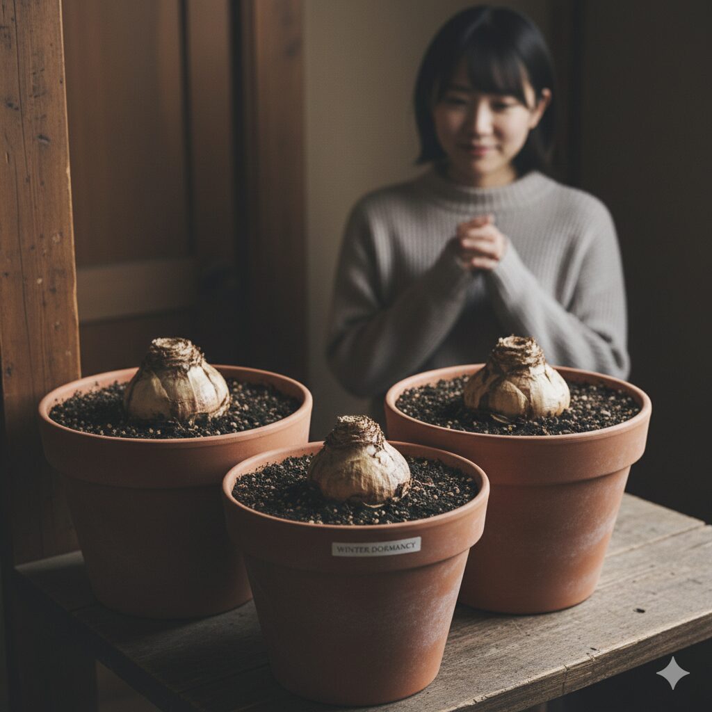 アマリリスの育て方 鉢植え　冬の休眠期に入り断水管理され葉がなくなったアマリリスの球根