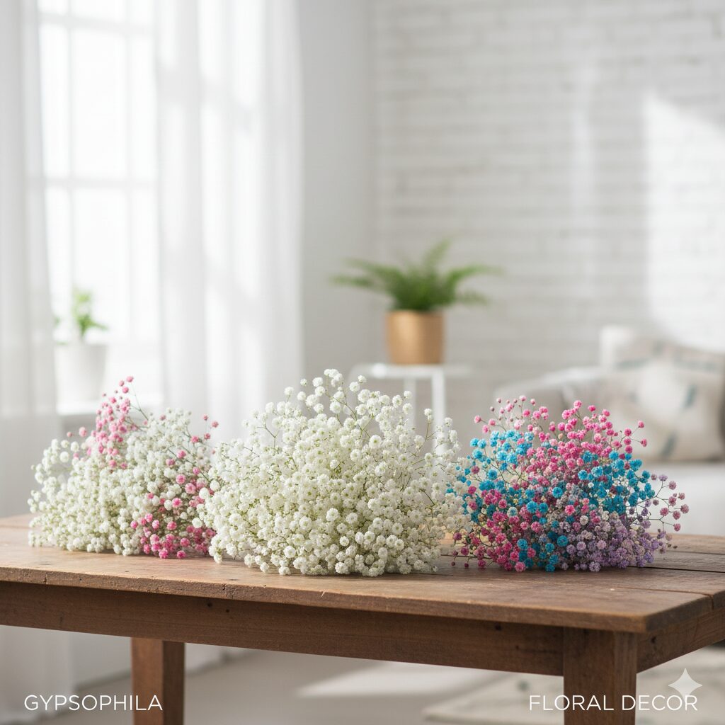 カスミソウ 値段1　純白とカラフルな染色カスミソウのブーケが並んでいる様子。値段や種類の違いを象徴する写真。