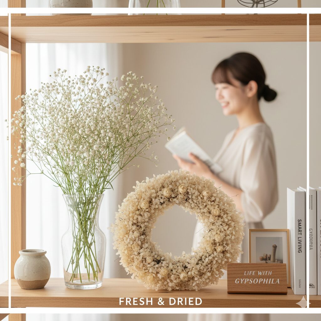 カスミソウ 値段10　生花とドライフラワーのカスミソウが飾られたおしゃれな部屋。賢い値段選びで楽しむ豊かな暮らしのイメージ。