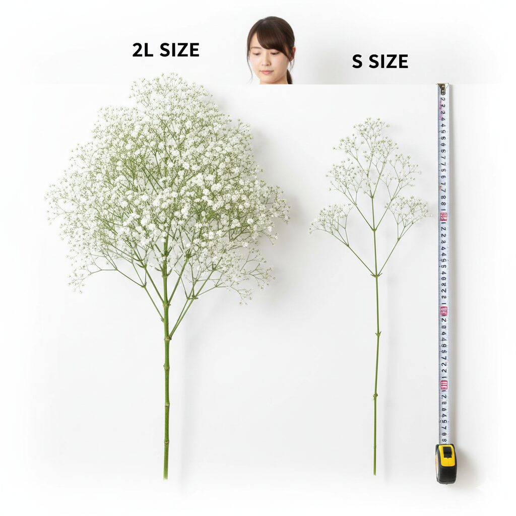 カスミソウ 値段2　カスミソウの等級による違いの比較。左がボリュームのある高価格な2Lサイズ、右が小ぶりな低価格なSサイズ。