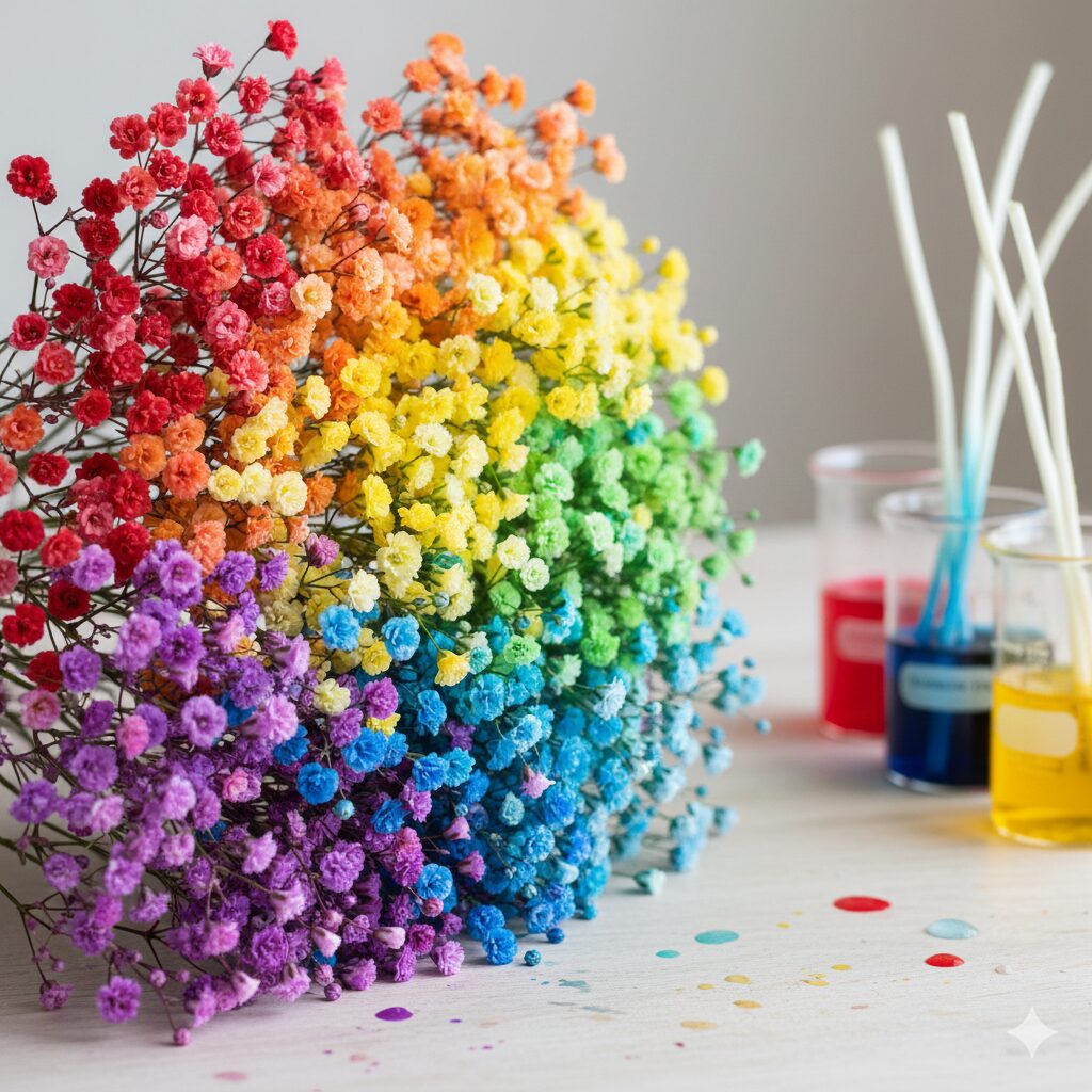 カスミソウ 値段3　鮮やかなレインボーカラーの染色カスミソウ。特殊な加工技術により価格が高くなる理由を示す美しい写真。