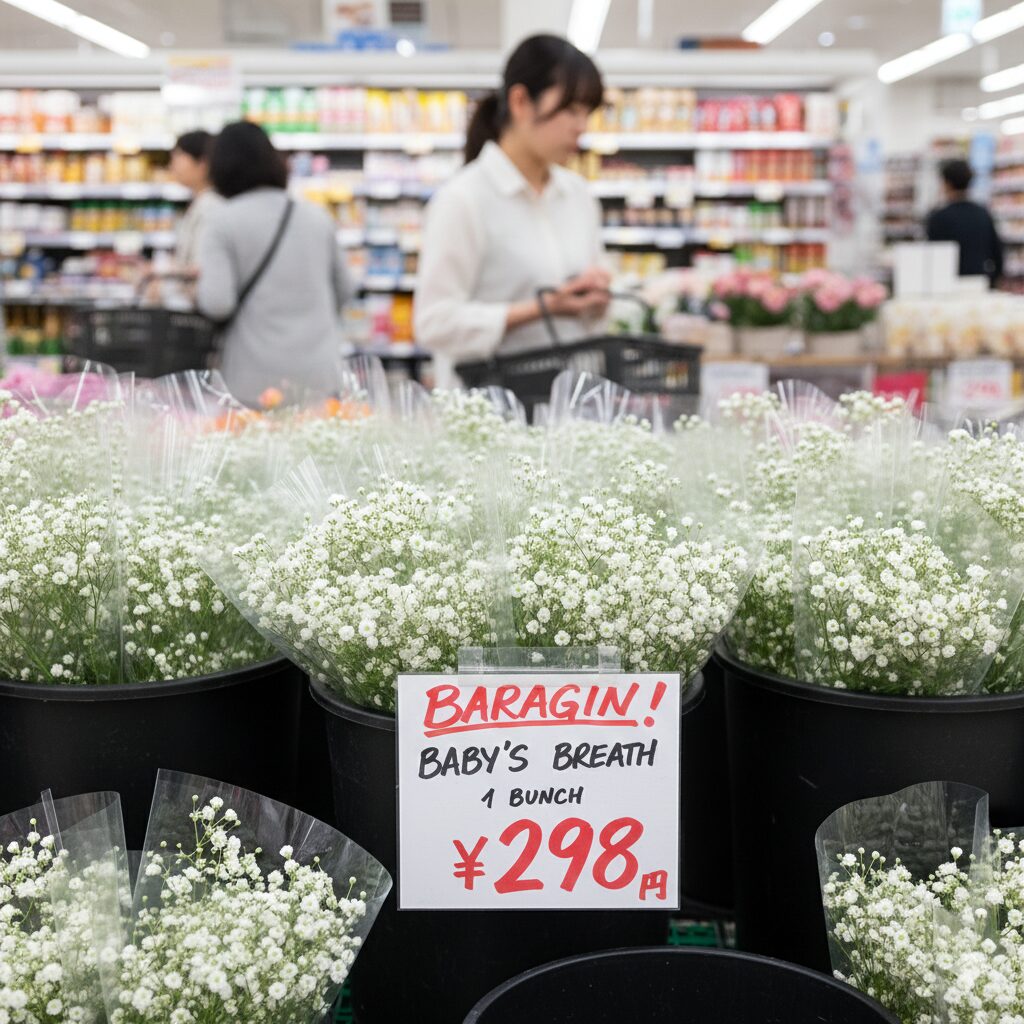 カスミソウ 値段4　スーパーマーケットの生花売り場で手頃な値段で販売されているカスミソウの束。日常使いに適した価格帯。