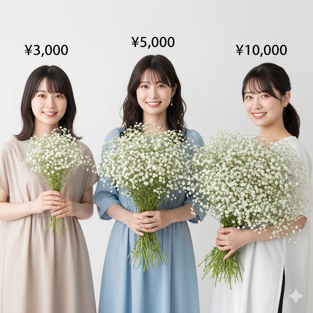 カスミソウ 値段5　カスミソウ花束の予算別ボリューム比較。左から3000円、5000円、1万円の目安サイズ。