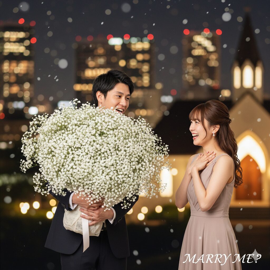 カスミソウ 値段6　プロポーズ用のカスミソウ100本の巨大な花束を抱える男性。圧倒的なボリュームと値段を想像させる写真。