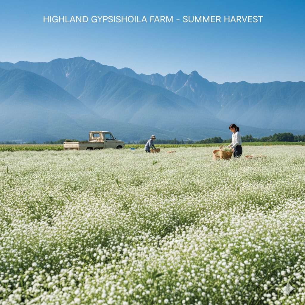 カスミソウ 値段7　夏に旬を迎える高冷地のカスミソウ畑の風景。市場価格が安くなる時期の生産地の様子。