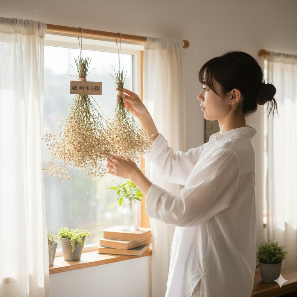 カスミソウ 値段8　自宅でハンギング法により乾燥させているカスミソウ。費用をかけずにドライフラワーを楽しむ方法。