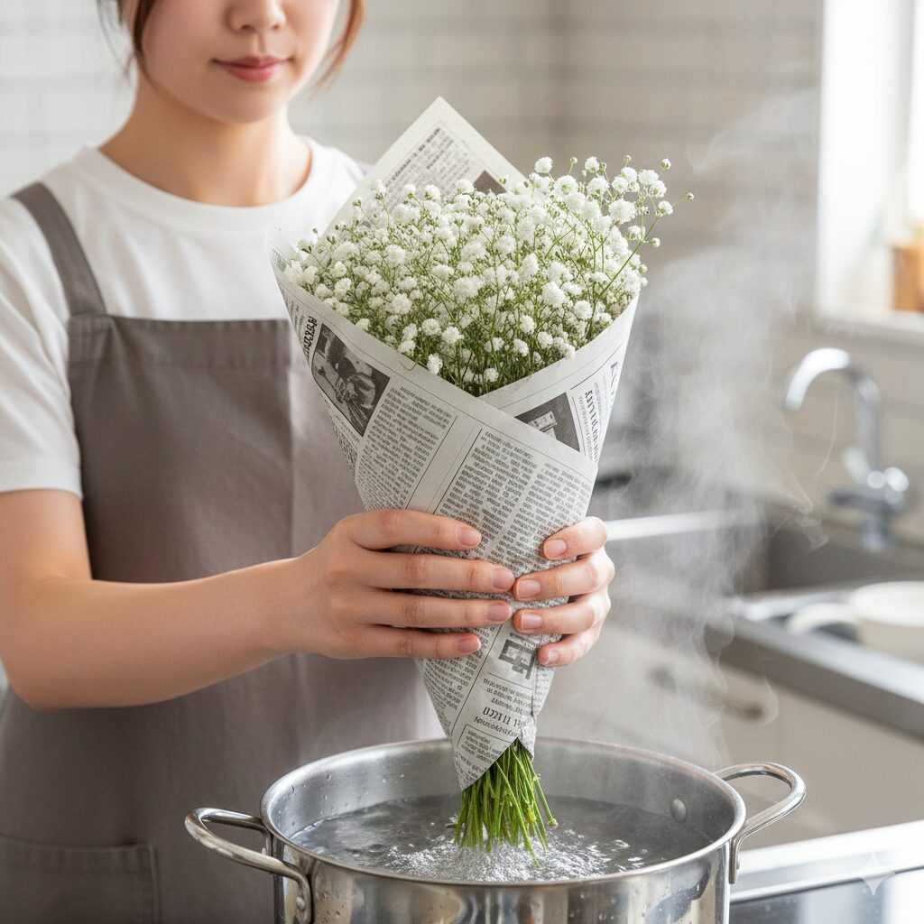 カスミソウ 値段9　カスミソウを長持ちさせるプロの技術「湯揚げ」の様子。熱湯に茎先を浸している工程写真。