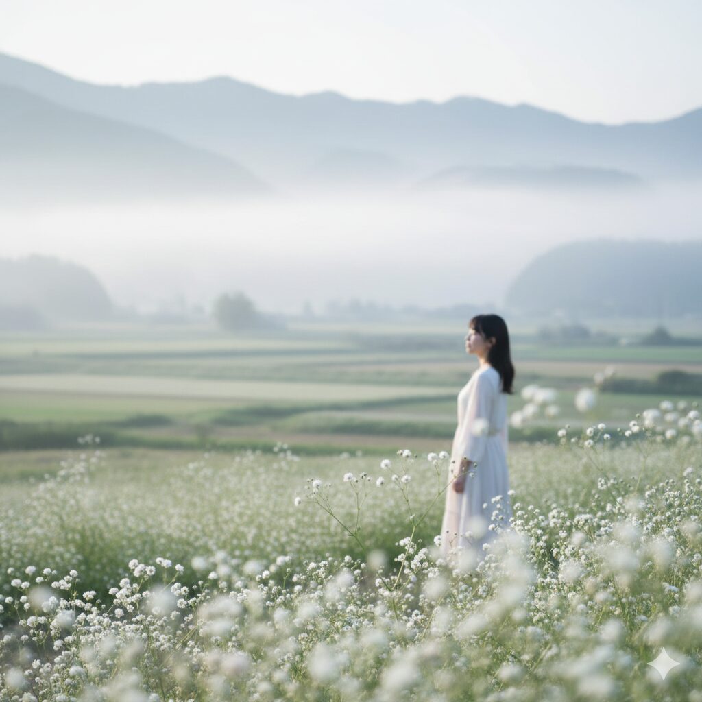 カスミソウ 漢字2　霞草（カスミソウ）の名前の由来となった、春の野山にたなびく白い霞（かすみ）の風景