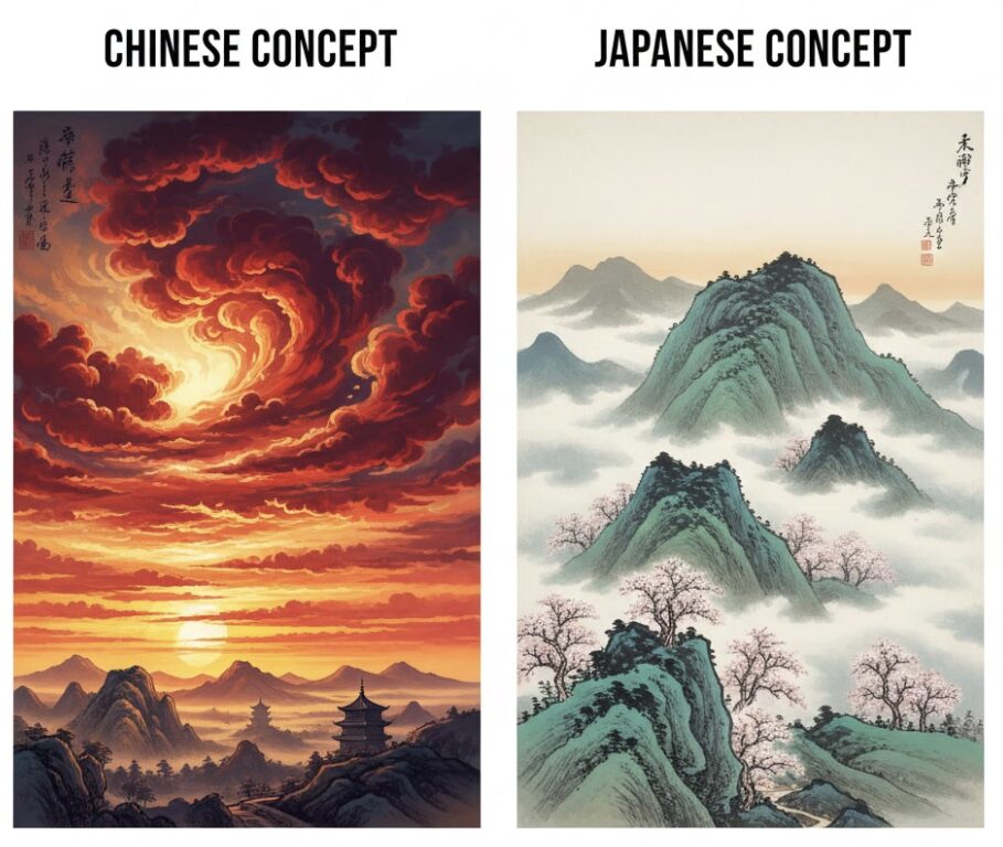 カスミソウ 漢字3　漢字「霞」の由来の変化：中国の赤い雲から日本の白い霧への意味の変遷