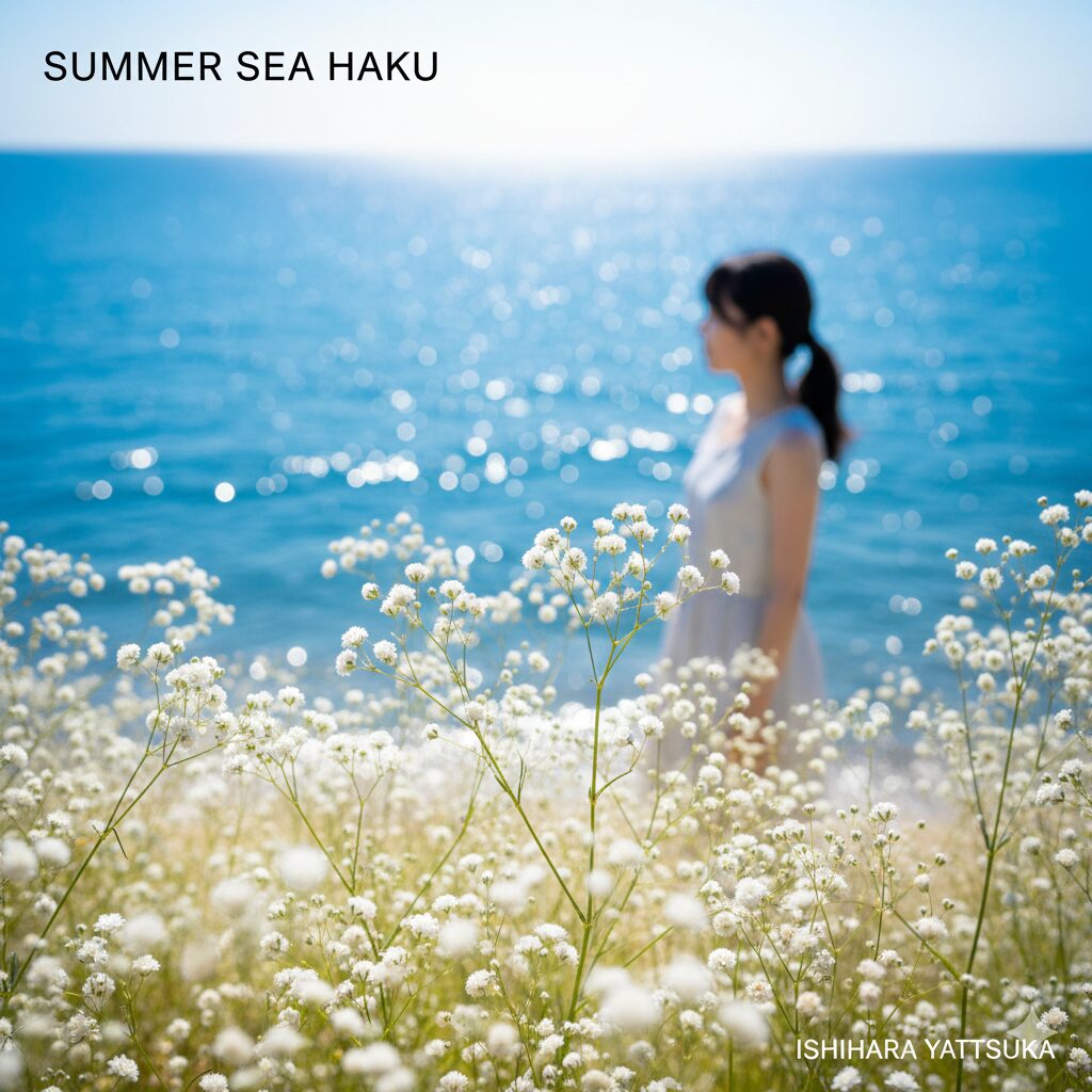 カスミソウ 漢字7　俳句の季語としての霞草：真夏の強い日差しと海を背景に咲く白いカスミソウ