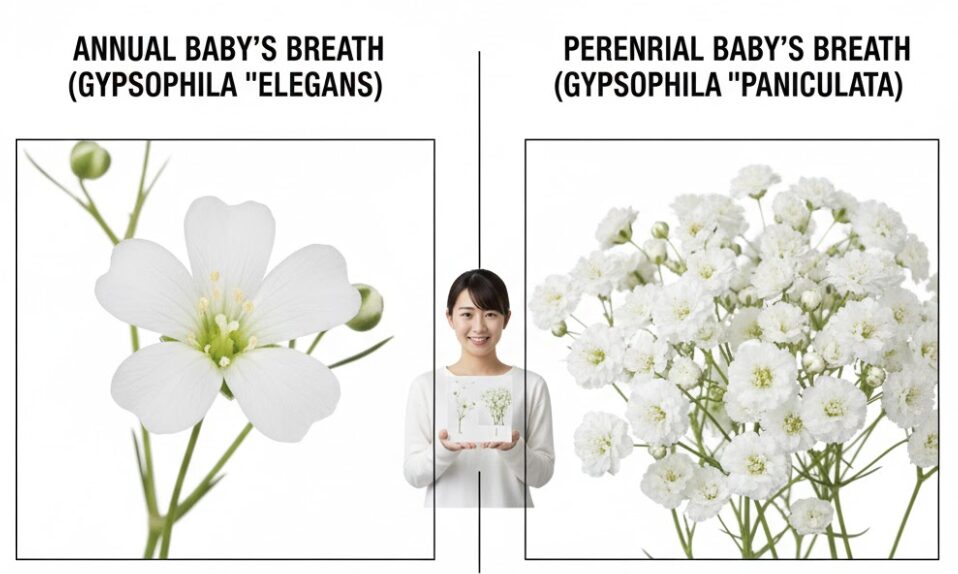 カスミソウ 漢字9　カスミソウの種類比較：一年草（エレガンス）と宿根草（パニクラータ）の花の違い