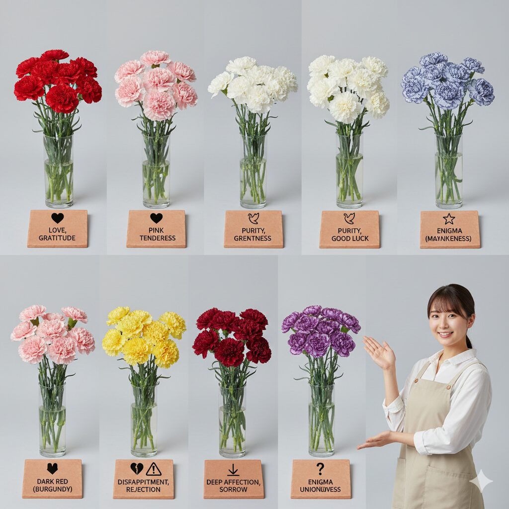 カーネーション 和名　カーネーションの色別（赤・ピンク・黄・白・紫・青）の花言葉の違いと注意点を示す一覧画像